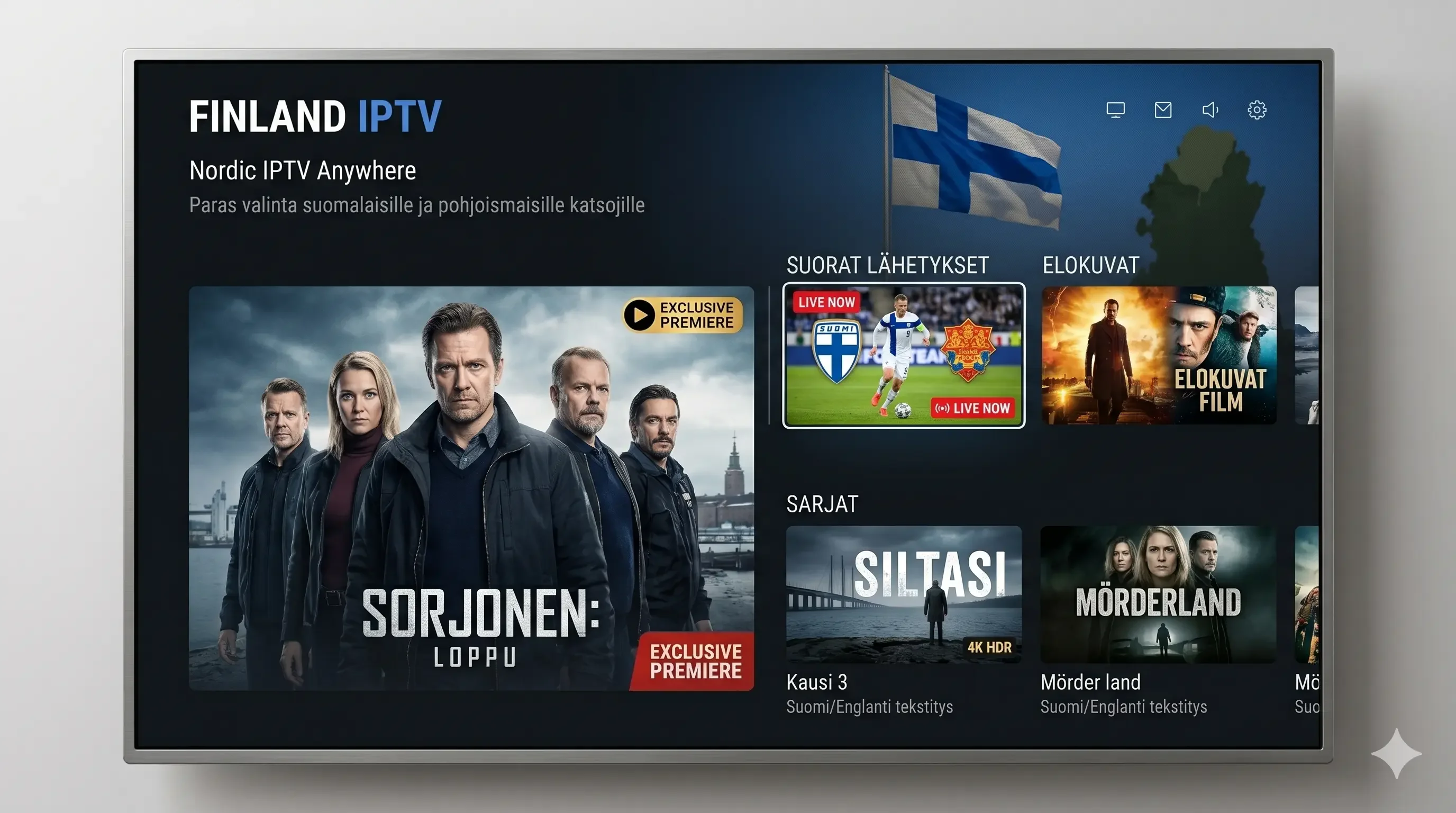 Finsk IPTV Suomi 2026 Smart TV Firestick Android iPhone suomalaiset kanavat HD 4K